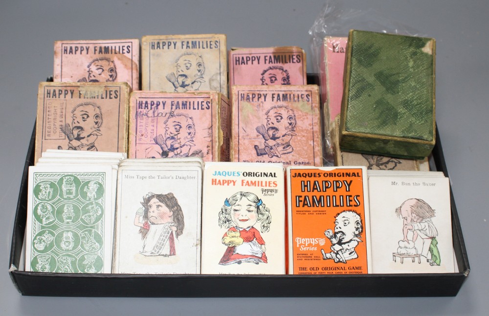 Thirteen packs of Jaques card game of Happy Families in original boxes and three without boxes dating from 1900 to 1960s, all complete,
